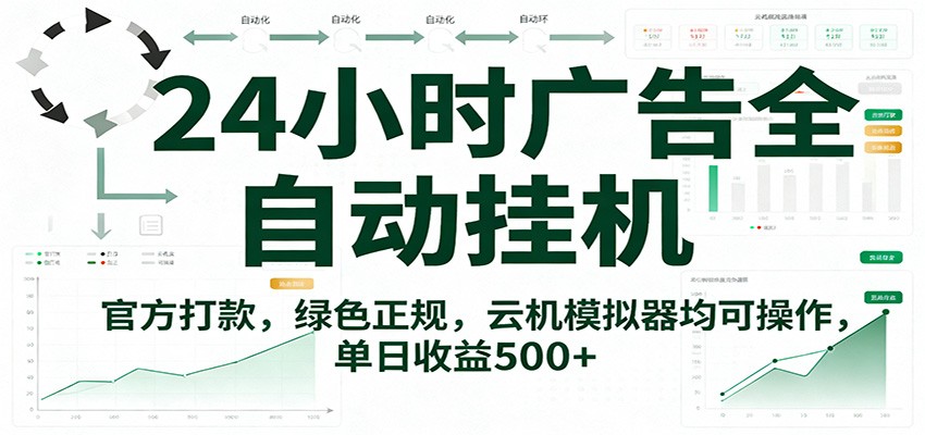 24小时广告全自动挂机,官方打款,绿色正规,云机模拟器均可操作,单日收益500+