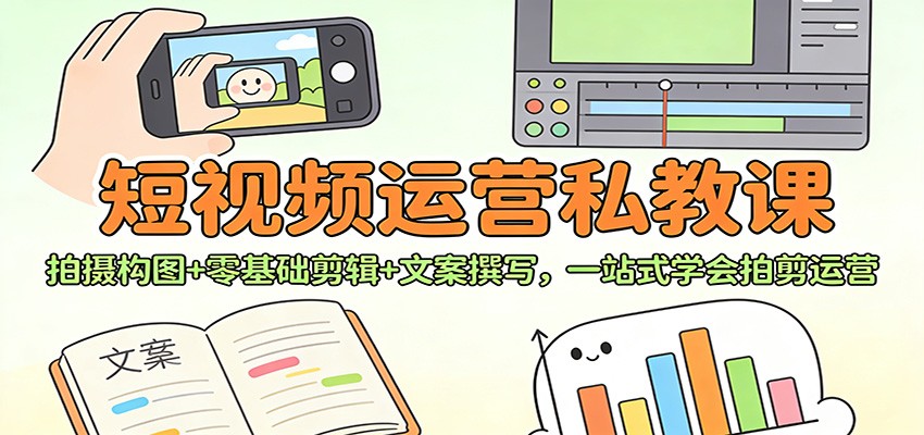 短视频运营私教课:拍摄构图+零基础剪辑 +文案撰写,一站式学会拍剪运营