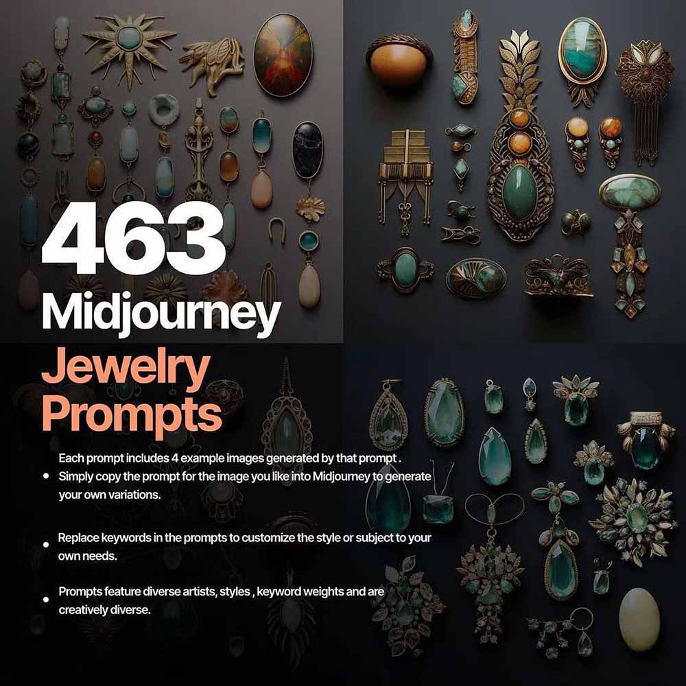 460+专业Midjourney珠宝摄影AI提示词+成效果图,戒指/项链/耳环/手链/宝石/及奢侈配饰等全品类