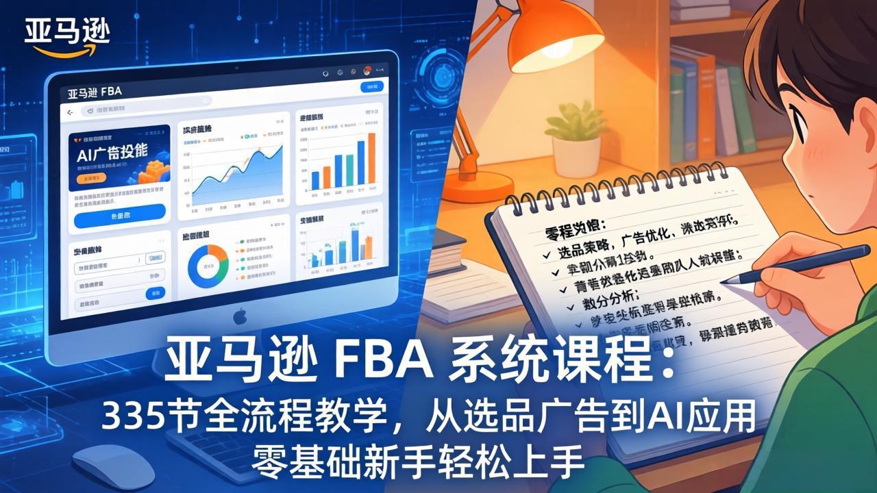 亚马逊 FBA 系统课程(更新26年3月):335节全流程教学,从选品广告到AI应用,零基础新手轻...