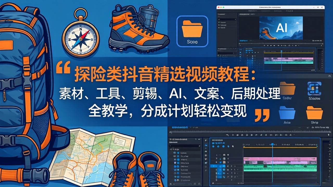 探险类抖音精选视频教程:素材、工具、剪辑、AI、文案、后期处理全教学,分成计划轻松变现