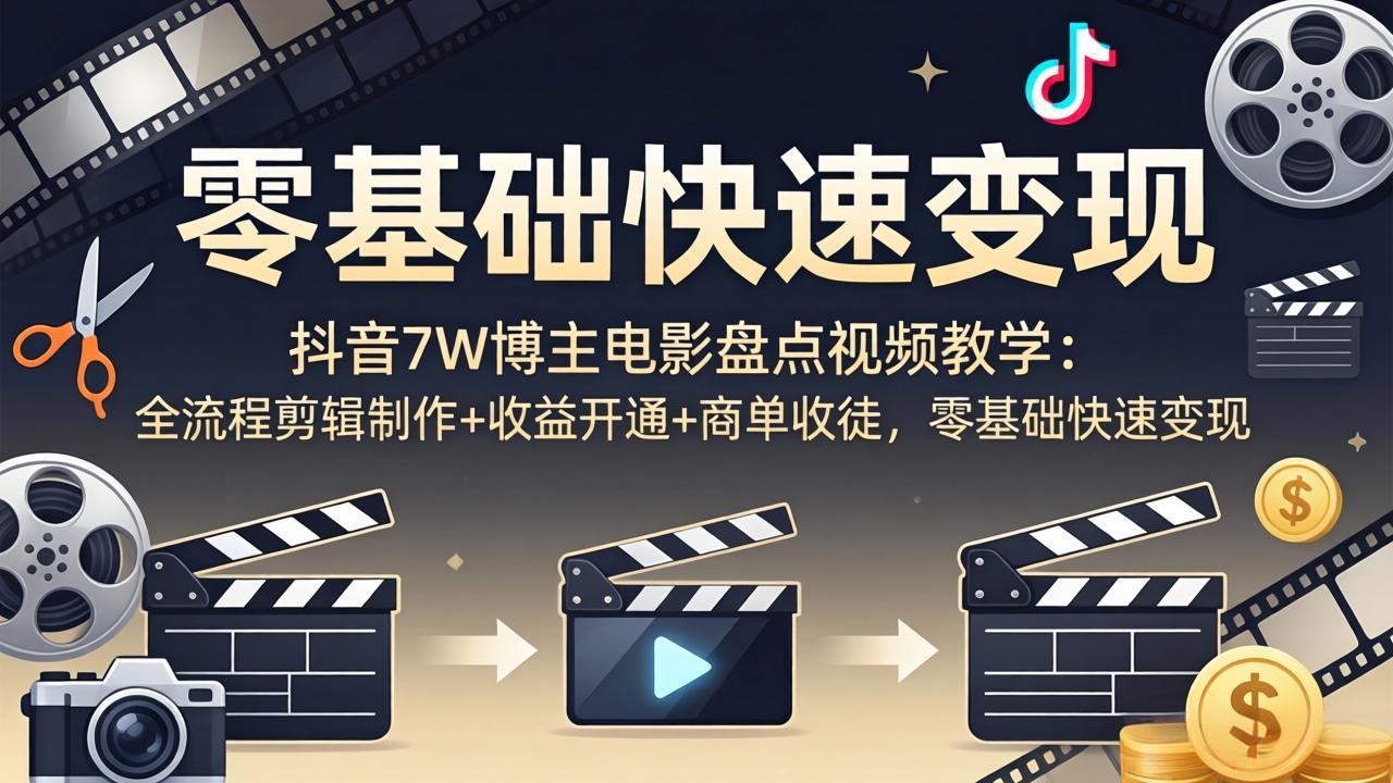 抖音7W博主电影盘点视频教学:全流程剪辑制作+收益开通+商单收徒,零基础快速变现