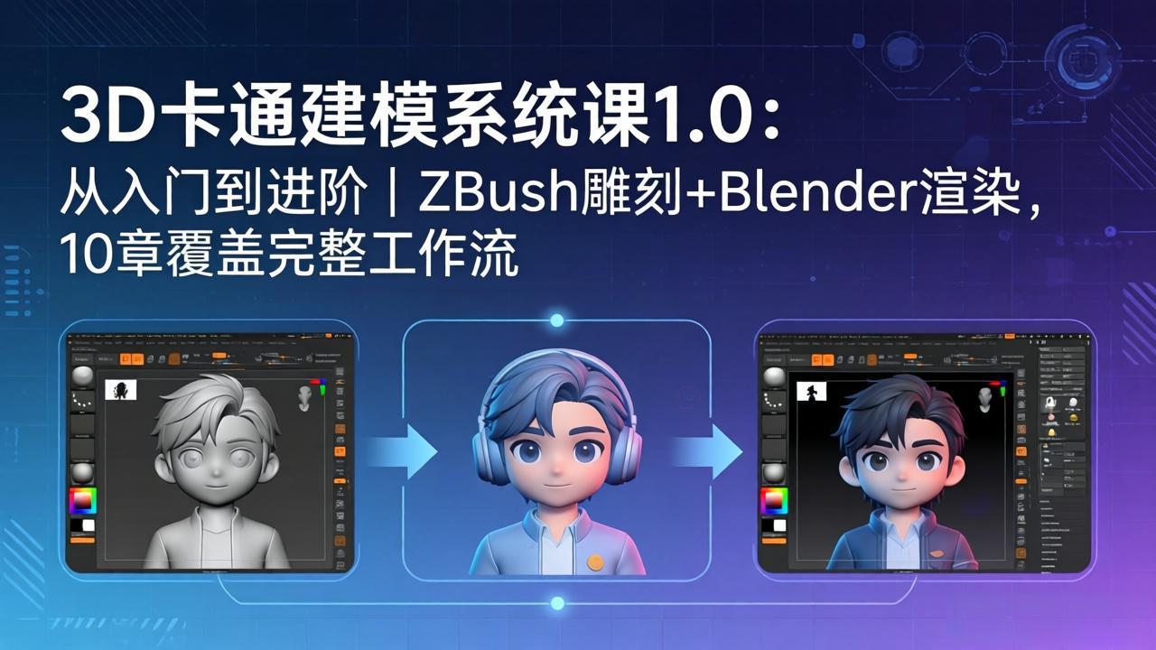 3D卡通建模系统课1.0:从入门到进阶|ZBrush雕刻+Blender渲染,10章覆盖完整工作流