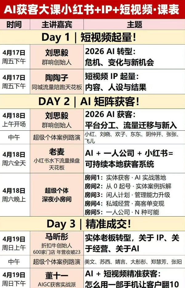 2026AI获客大课深圳站:4月17日-19日3天2夜拆透小红书+IP+短视频,老板操盘手必来