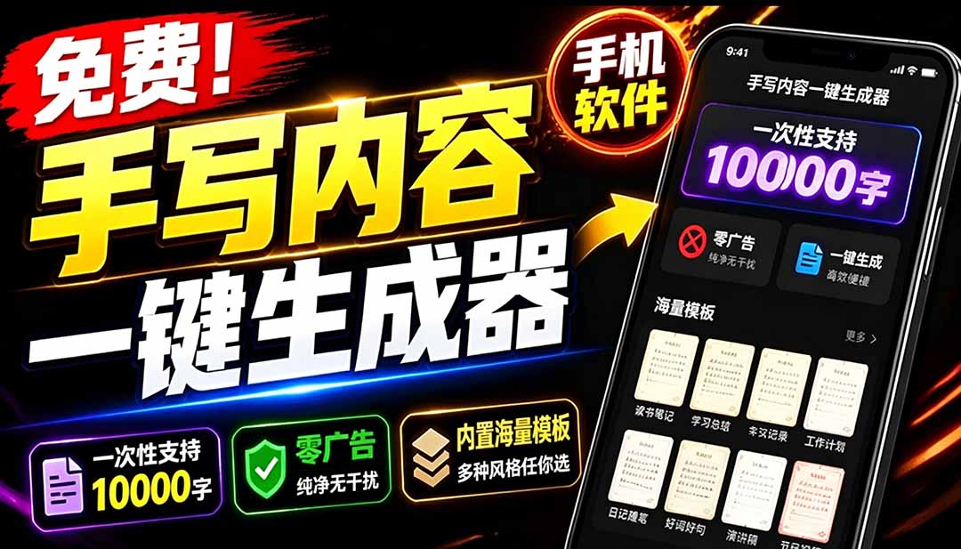 超逼真手写字体一键生成器,纯免费离线运行,一次性支持10000字,零广告,内置海量模板