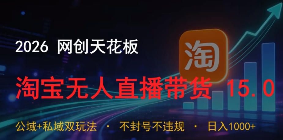 2026网创天花板,淘宝无人直播带货15.0,公域+私域双玩法,日入1k+,不违规不封号