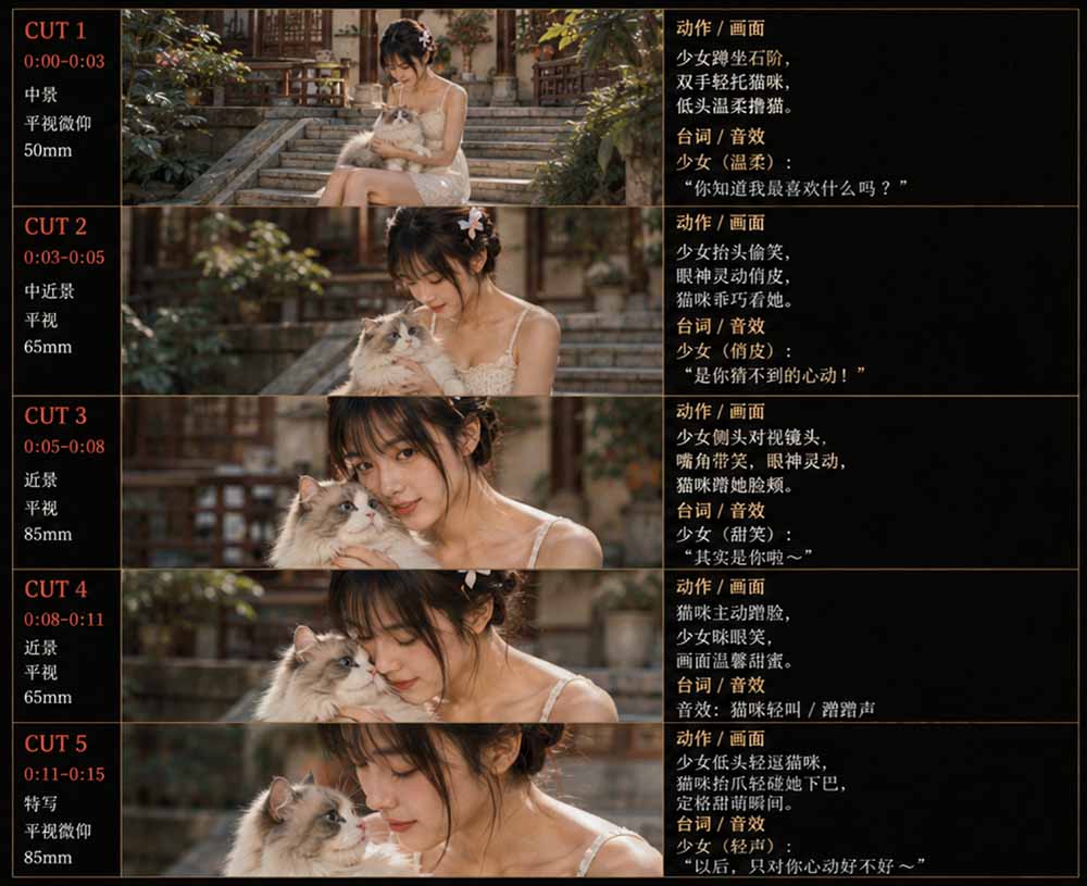 美女和猫故事提示词,人物一致性提示词+故事板