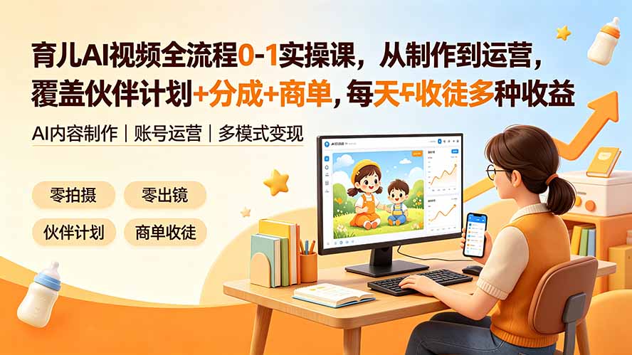 育儿AI视频全流程0-1实操课,从制作到运营,覆盖伙伴计划+分成+商单+收徒多种收益,每天500+收益