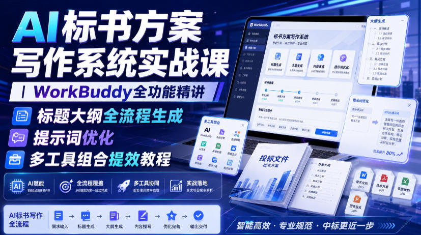 AI标书方案写作系统实战课|WorkBuddy全功能精讲・标题大纲全流程生成・提示词优化・多工具组合提效教程