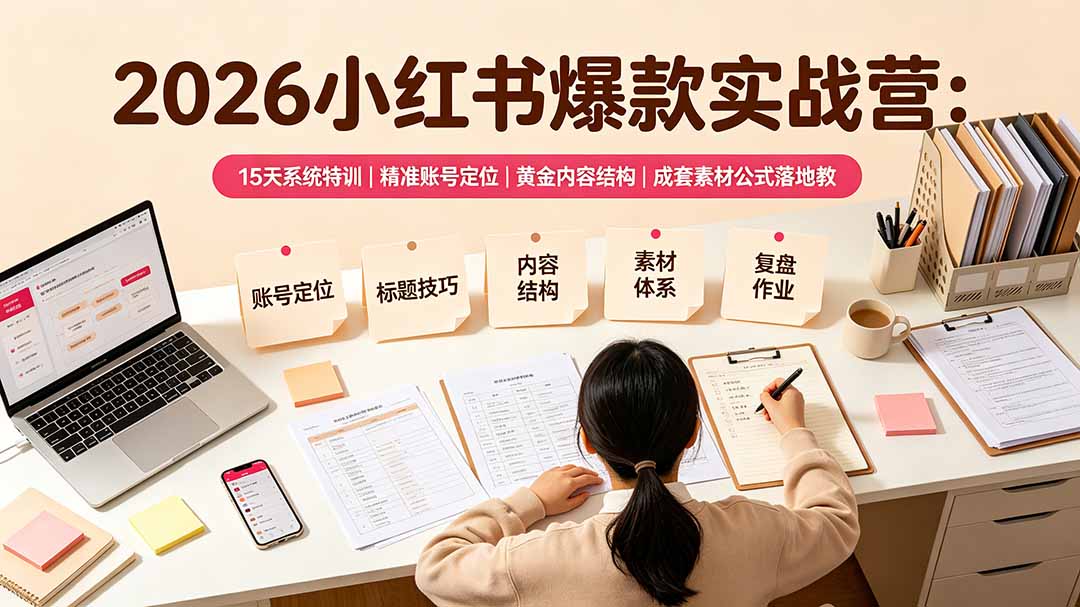 2026小红书爆款实战营:15天系统特训|精准账号定位|黄金内容结构|成套素材公式落地教程