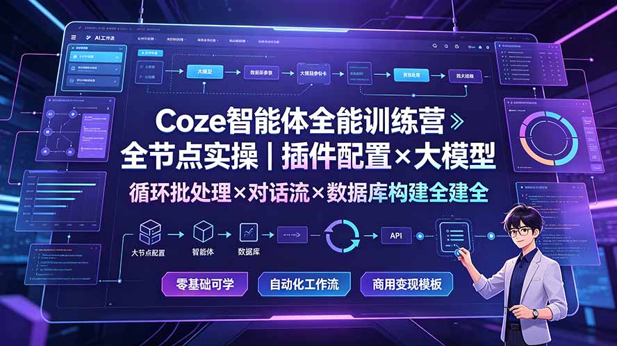 Coze智能体全能训练营:全节点实操|插件配置×大模型×循环批处理×对话流×数据库构建全教学