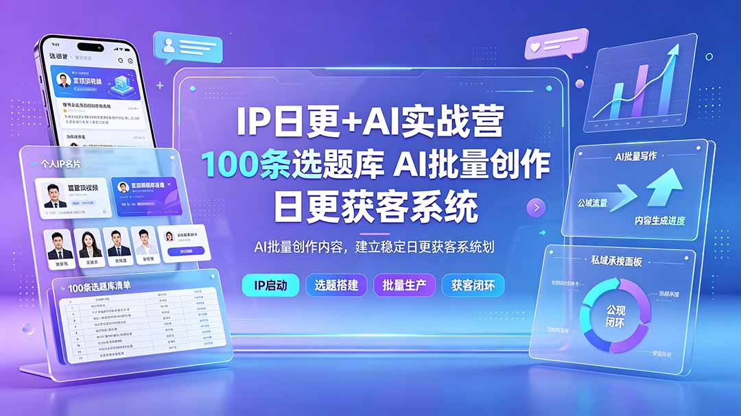 IP日更+AI实战营:IP置顶视频制作×100条选题库搭建×10条日更规划,AI批量创作内容,建立稳定日更获客系统