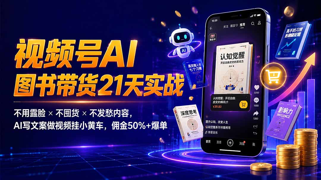 繁花视频号AI图书带货21天实战:不用露脸×不囤货×不发愁内容,AI写文案做视频挂小黄车,佣金50%+爆单