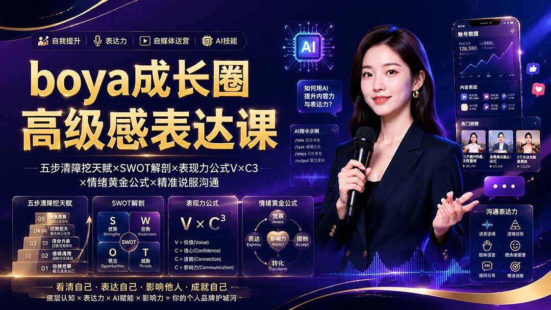 boya成长圈|内心成长高级表达AI自媒体三合一,消解内耗挖掘天赋,镜头沟通AI指令短视频全流程教学