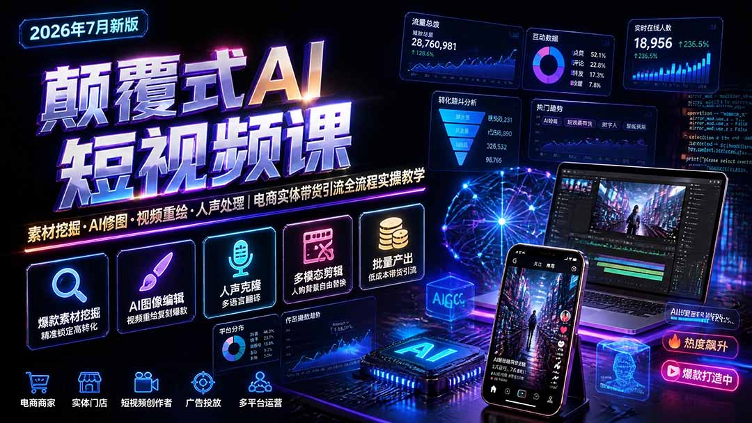颠覆式AI短视频课|素材挖掘,AI修图,视频重绘,人声处理|电商实体带货引流全流程实操教学