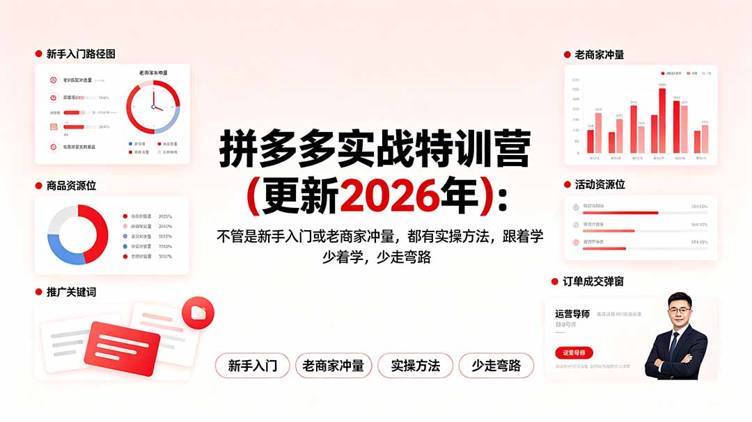 拼多多实战特训营(更新2026年):不管是新手入门或老商家冲量,都有实操方法,跟着学,少走弯路