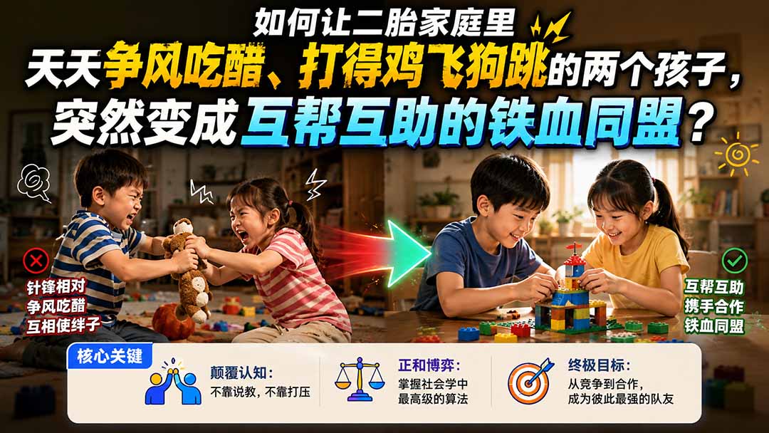 付费文章:如何让二胎家庭里天天争风吃醋、打得鸡飞狗跳的两个孩子,突然变成互帮互助的铁血同盟?