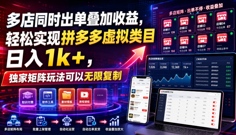 多店同时出单叠加收益,轻松实现拼多多虚拟类目日入1k+,独家矩阵玩法可以无限复制