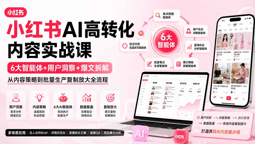 小红书AI高转化内容实战课:6大智能体+用户洞察+爆文拆解,从内容策略到批量生产复制放大全流程