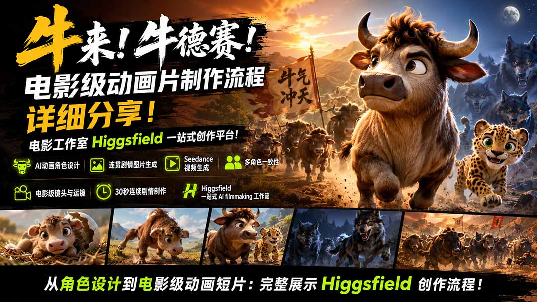 牛来!牛德赛!电影级动画片制作流程详细分享!电影工作室Higgsfield一站式创作平台!