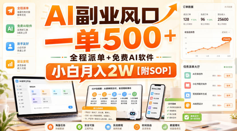 AI副业风口,一单500+,全程派单+免费AI软件,小白月入2W【附SOP】 AI副业风口,一单500+,全程派单+免费AI软件,小白月入2W【附SOP】