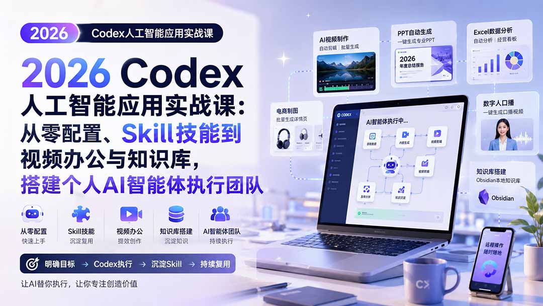 2026 Codex人工智能应用实战课:从零配置、Skill技能到视频办公与知识库,搭建个人AI智能体执行团队