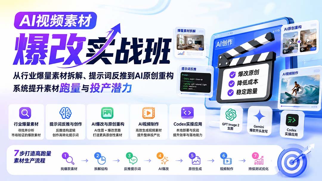 AI视频素材爆改实战班-更新8月:从行业爆量素材拆解、提示词反推到AI原创重构,系统提升素材跑量与投产潜力