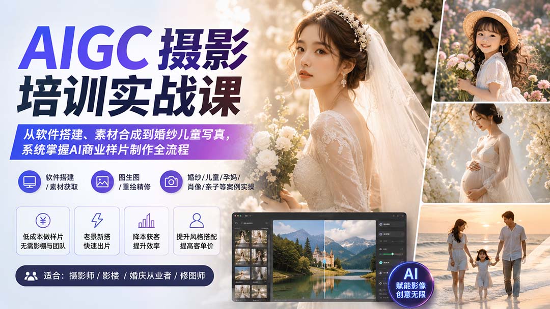 AIGC摄影培训实战课:从软件搭建、素材合成到婚纱儿童写真,系统掌握AI商业样片制作全流程