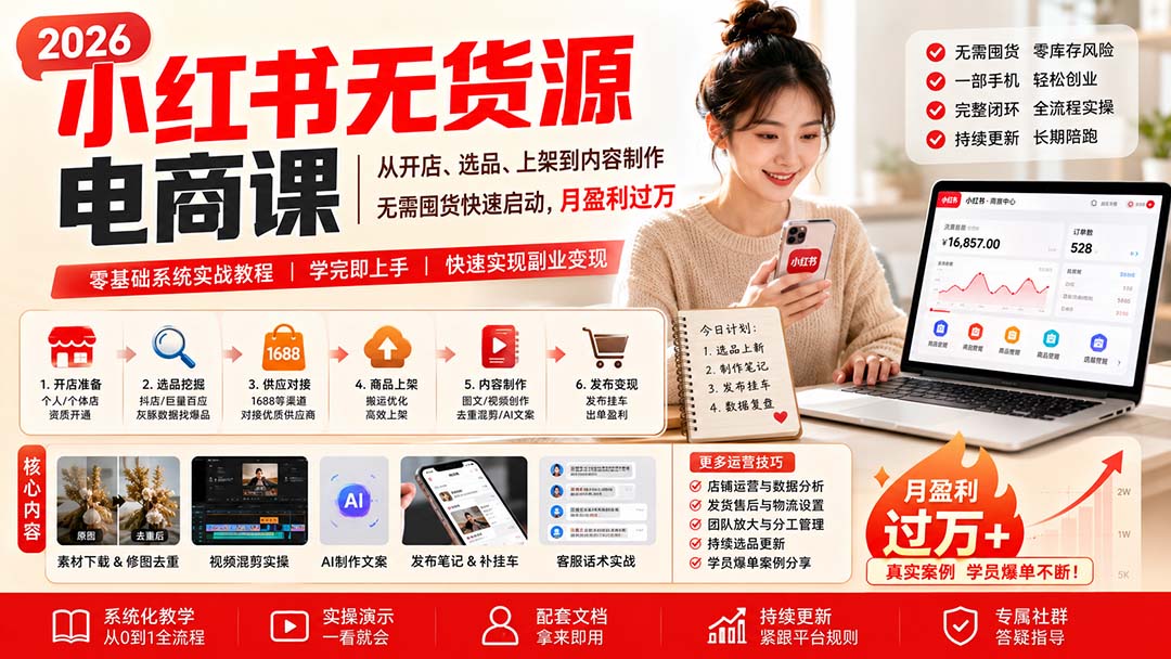 小红书无货源电商课(8月30更新):从开店、选品、上架到内容制作,无需囤货快速启动,月盈利过万