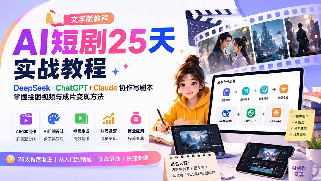 AI短剧25天实战教程(文字版教程):DeepSeek+ChatGPT+Claude协作写剧本,掌握绘图视频与成片变现方法