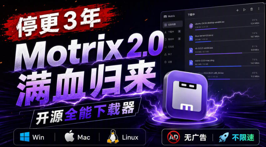 停更3年,Motrix 2.0满血归来:开源全能下载器,Win/Mac/Linux通吃,无广告不限速