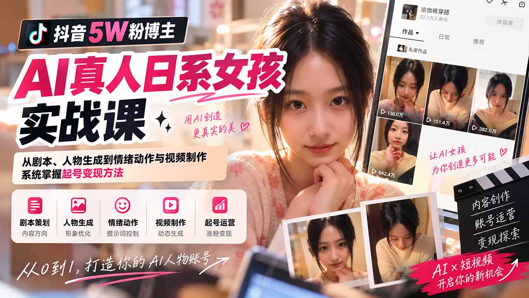 抖音5W粉博主AI真人日系女孩实战课:从剧本、人物生成到情绪动作与视频制作,系统掌握起号变现方法