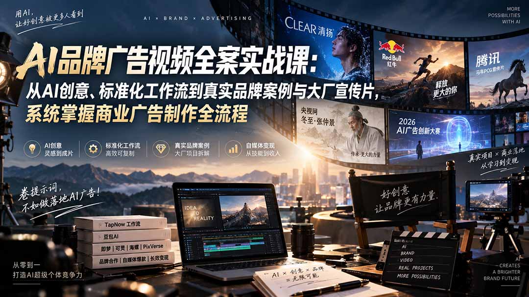 AI品牌广告视频全案实战课:从AI创意、标准化工作流到真实品牌案例与大厂宣传片,系统掌握商业广告制作全流程