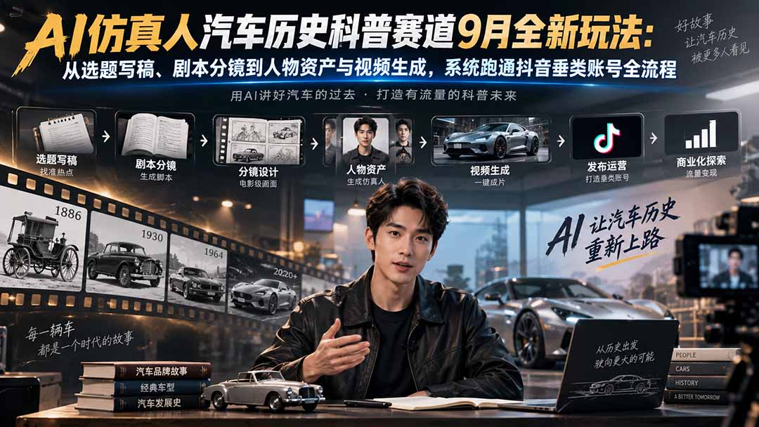AI仿真人汽车历史科普赛道9月全新玩法:从选题写稿、剧本分镜到人物资产与视频生成,系统跑通抖音垂类账号全流程