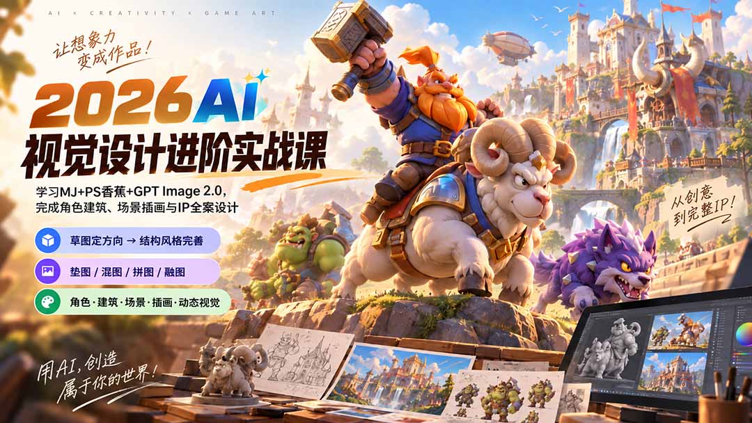 2026AI视觉设计进阶实战课-更新:学习MJ+PS香蕉+GPT Image 2.0,完成角色建筑、场景插画与IP全案设计