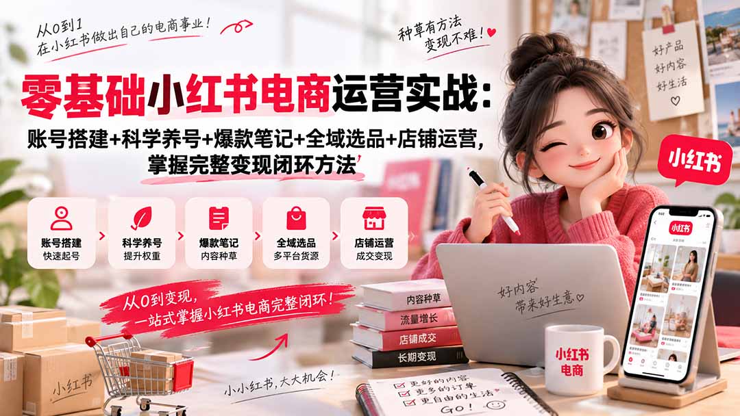 零基础小红书电商运营实战:账号搭建+科学养号+爆款笔记+全域选品+店铺运营,掌握完整变现闭环方法