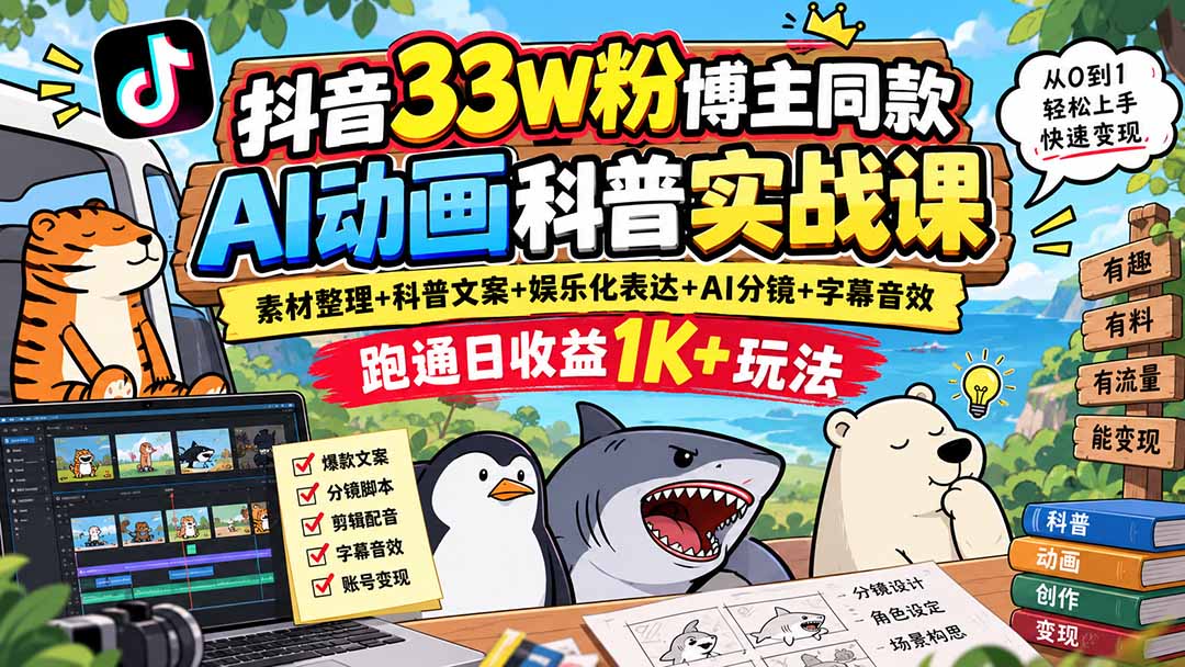 抖音33W粉博主同款AI动画科普实战课|素材整理+科普文案+娱乐化表达+AI分镜+字幕音效,跑通日收益1K+玩法
