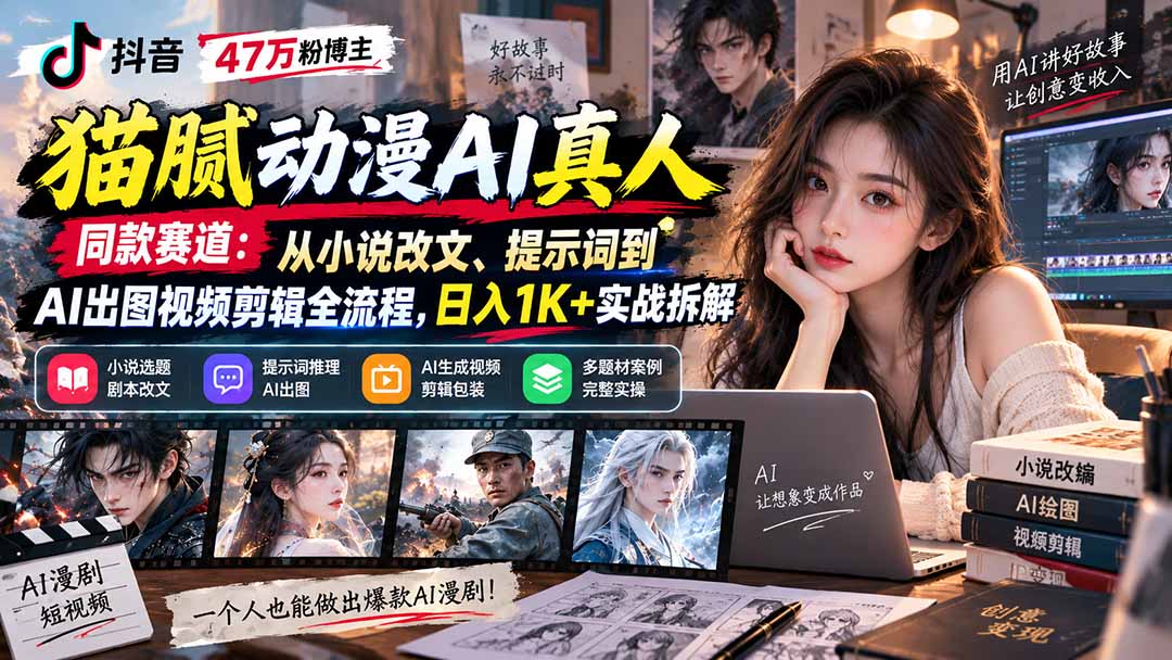 抖音47万粉博主猫腻动漫AI真人同款赛道:从小说改文、提示词到AI出图视频剪辑全流程,日入1K+实战拆解