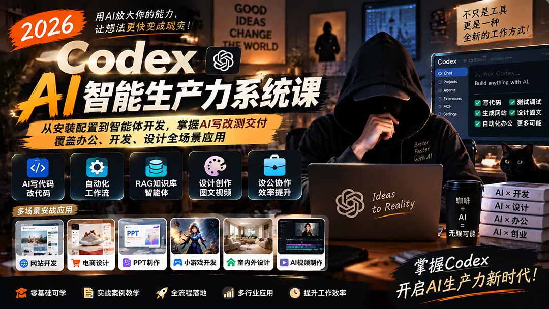 2026 Codex AI智能生产力系统课-更新|从安装配置到智能体开发,掌握AI写改测交付,覆盖办公、开发、设计全场景应用