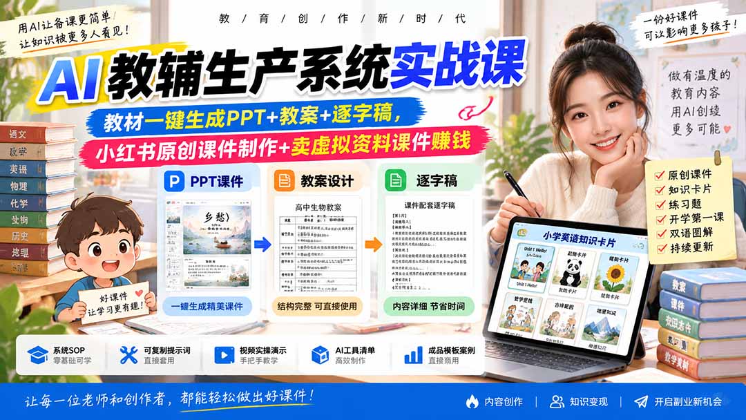 AI教辅生产系统实战课|教材一键生成PPT+教案+逐字稿,小红书原创课件制作+卖虚拟资料课件赚钱