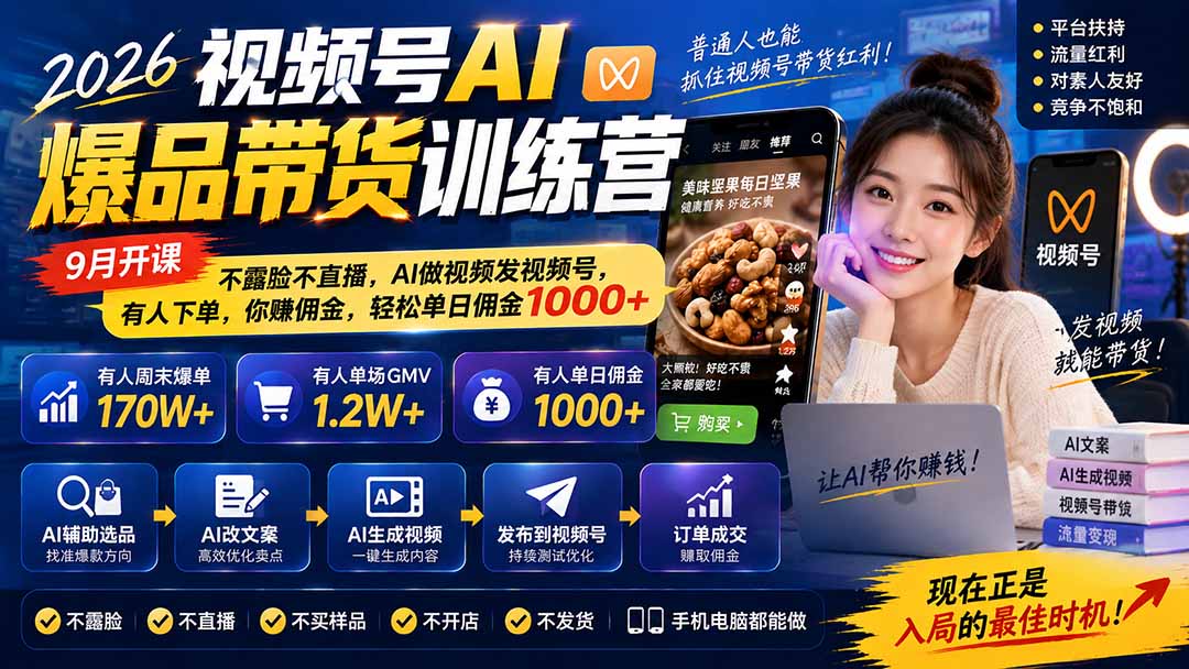 2026视频号AI爆品带货训练营-9月开课|不露脸不直播,AI做视频发视频号,有人下单,你赚佣金,轻松单日佣金1000+