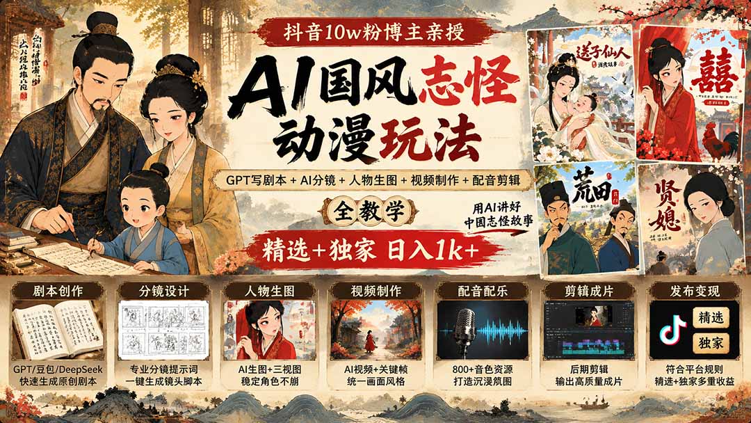 抖音10w粉博主亲授AI国风志怪动漫玩法|GPT写剧本+AI分镜+人物生图+视频制作+配音剪辑全教学|精选+独家日入1k+