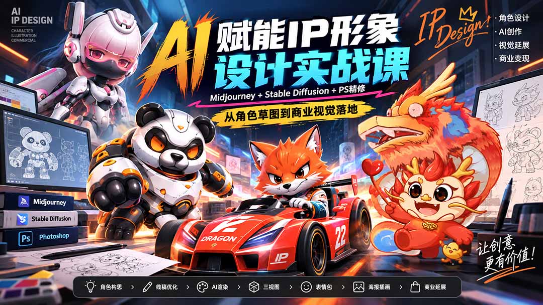 AI赋能IP形象设计实战课-无水印:Midjourney+Stable Diffusion+PS精修,从角色草图到商业视觉落地
