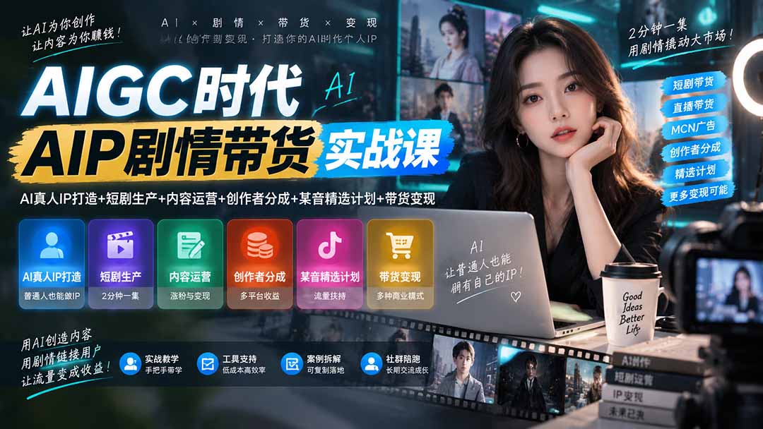 AIGC时代AI剧情带货实战课|AI真人IP打造+短剧生产+内容运营+创作者分成、某音精选计划+带货变现