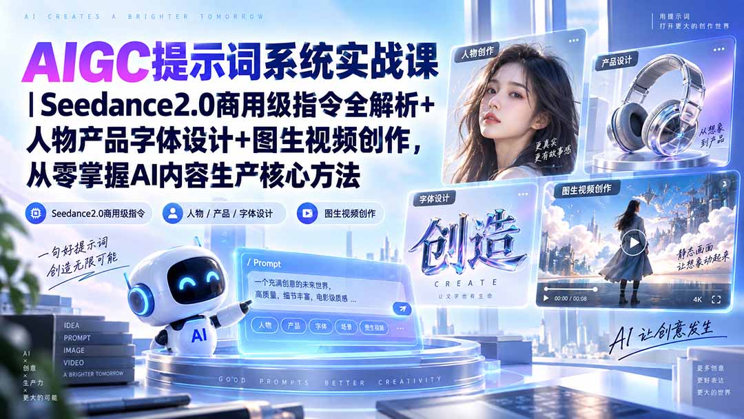 AIGC提示词系统实战课-无水印|Seedance2.0商用级指令全解析+人物产品字体设计+图生视频创作,掌握AI内容生产方法