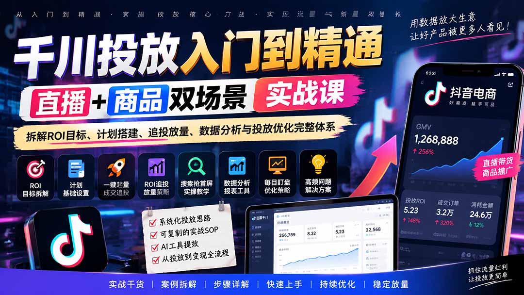 千川投放入门到精通实战课|直播+商品双场景拆解ROI目标、计划搭建、追投放量、数据分析与投放优化完整体系