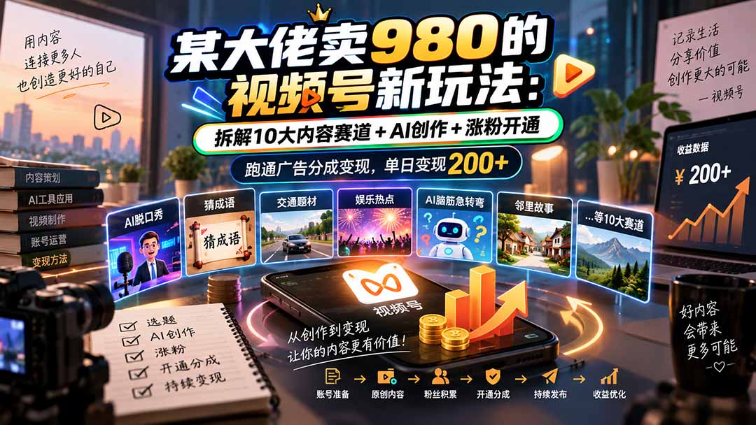 某大佬卖980的视频号新玩法:拆解10大内容赛道+AI创作+涨粉开通,跑通广告分成变现,单日变现200+