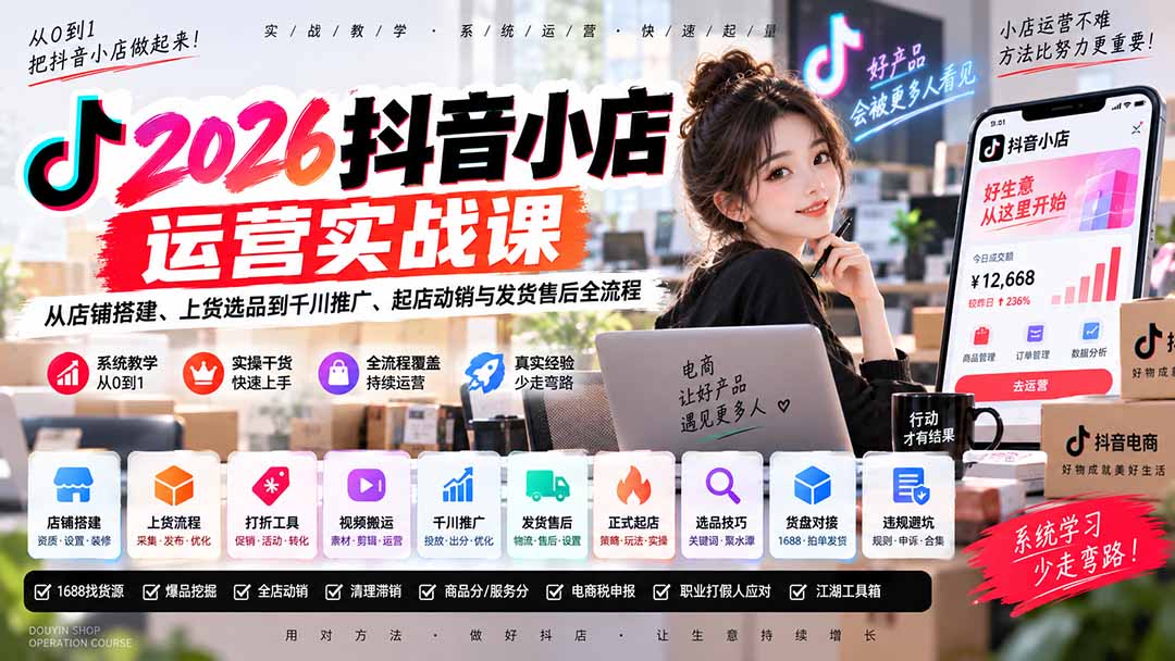 2026抖音小店运营实战课|从店铺搭建、上货选品到千川推广、起店动销与发货售后全流程