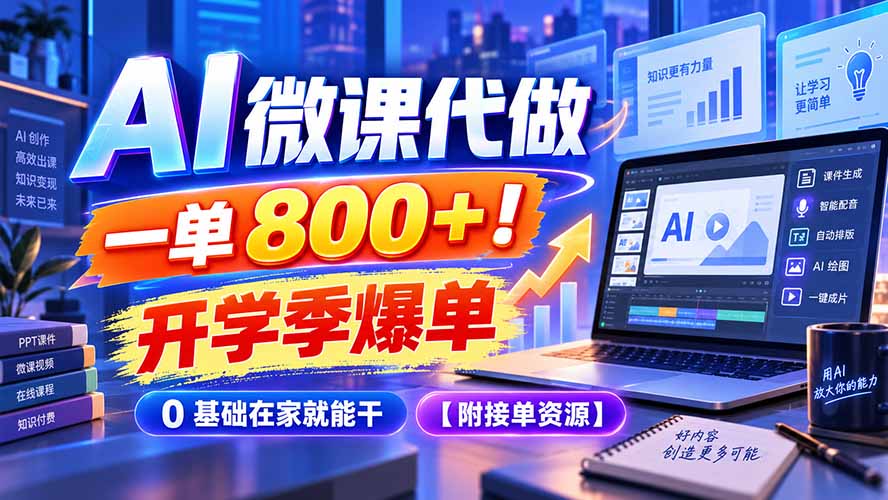 AI 微课代做,一单 800+!开学季爆单,0 基础在家就能干【附接单资源】