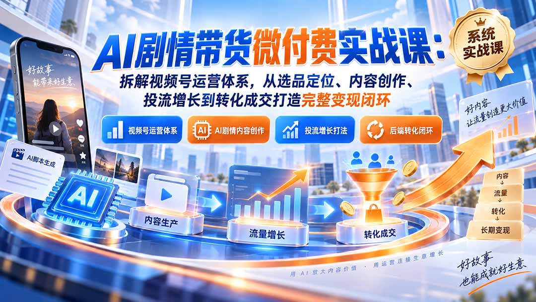 AI剧情带货微付费实战课:拆解视频号运营体系,从选品定位、内容创作、投流增长到转化成交打造完整变现闭环